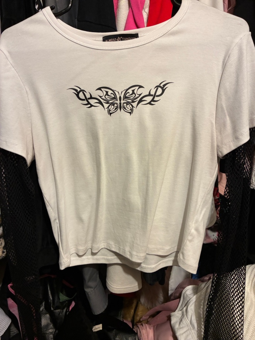 Almost Famous White Short Sleeve Tee with Black Butterfly & attached sleeves